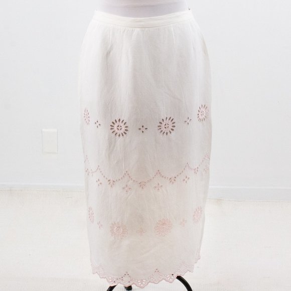 Vintage Dresses & Skirts - Vintage Boho Eyelet Skirt 12 Linen Pencil Midi White